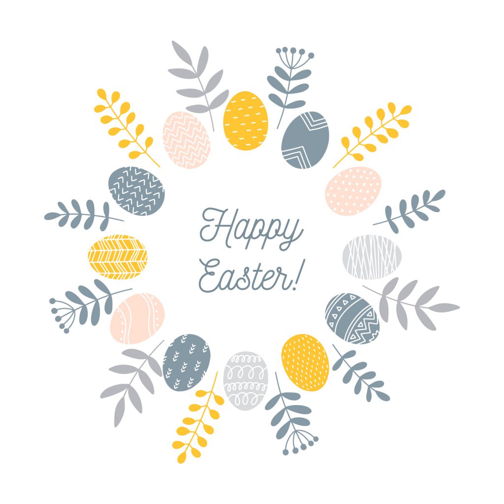 Round Easter wreath with painted eggs and floral branches and leaves, minimalist Scandinavian nordic folk style, vector illustration isolated.
