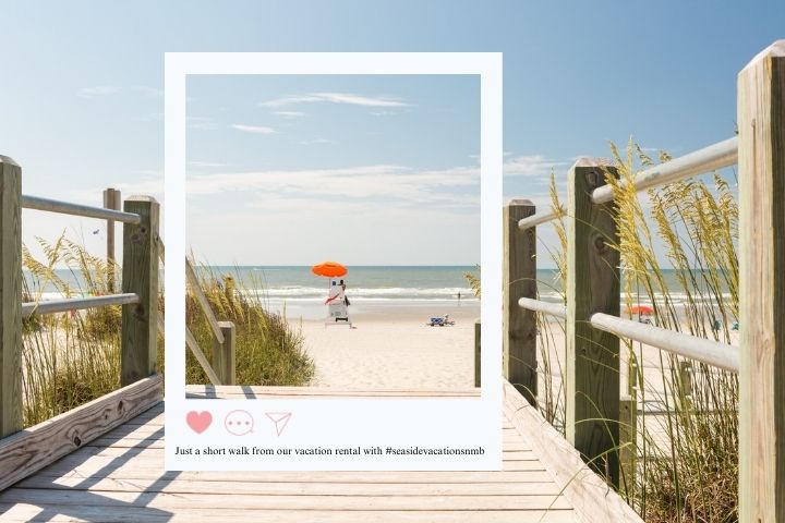 photo of lifeguard in North Myrtle Beach with the boardwalk to the beach from a vacation rental or resort with blue skies and the ocean